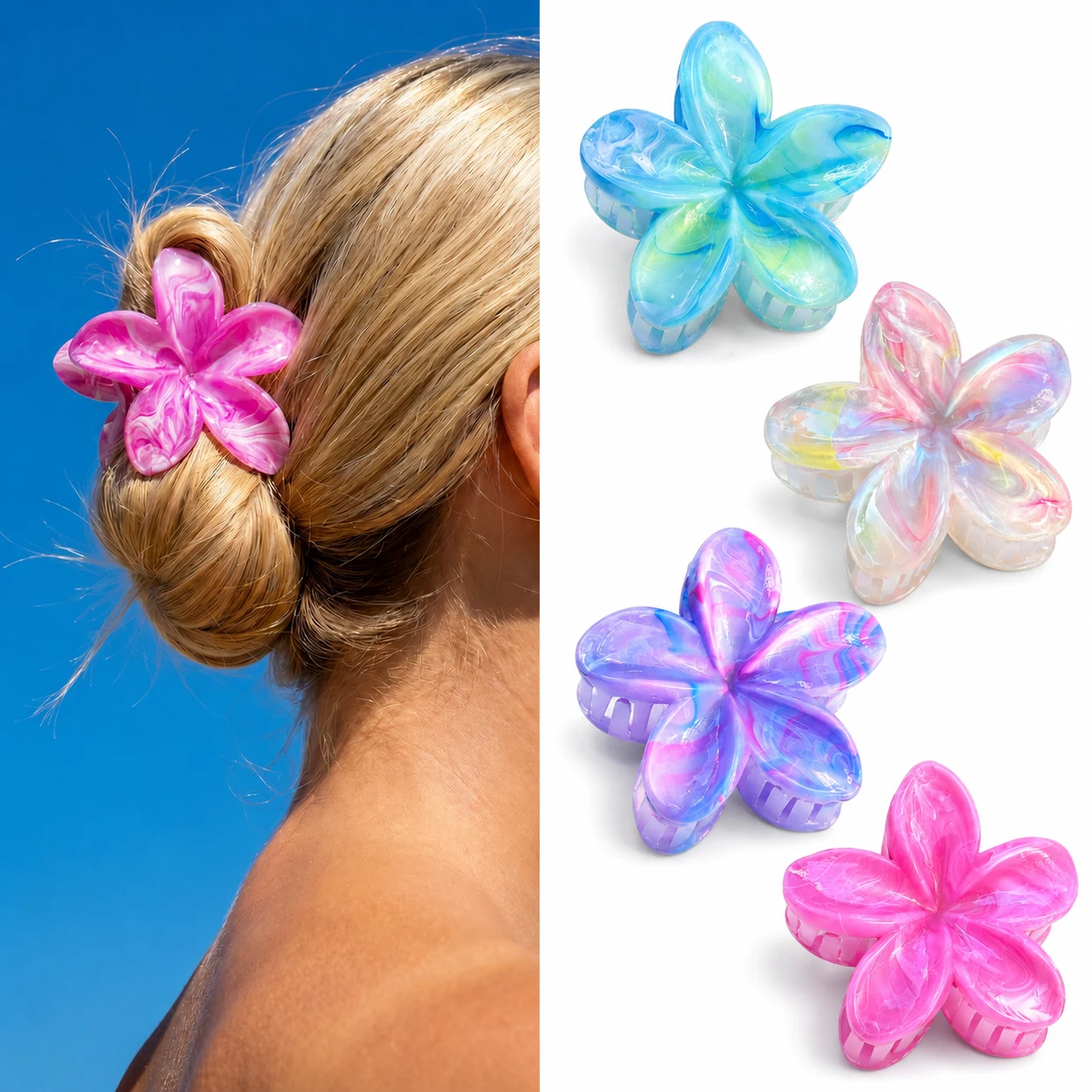 Pink, aqua, pastel and lavender flower claw clips with a pink clip styled in a bun