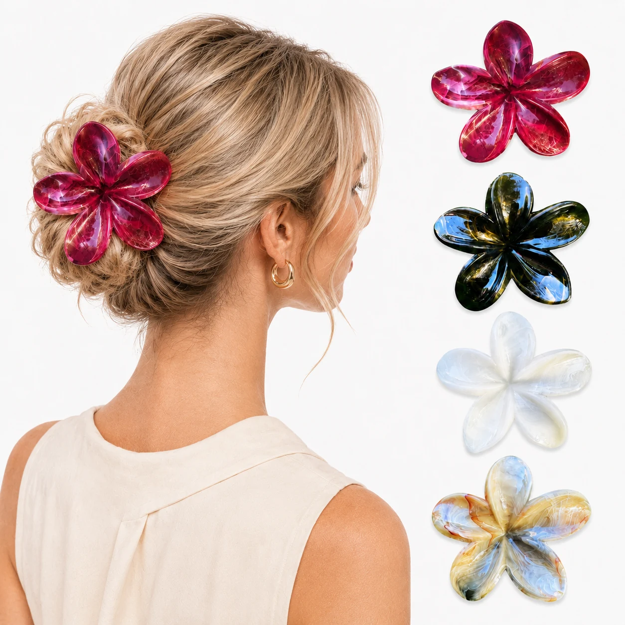Ruby, dark blue-green, white and golden flower clips alongside a ruby clip worn in a bun